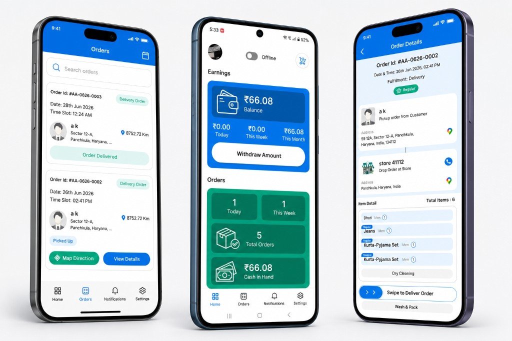 Delivery partner app showing order list, earnings dashboard and delivery workflow